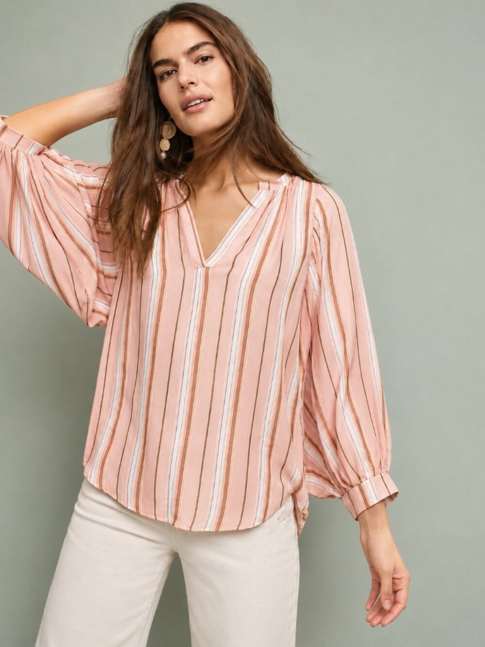Anthropologie Maeve Peach/Pink & Green Brenda Balloon Striped Shirt | Size Small